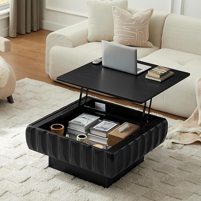31.1" Square Lift-Top Coffee Table, Modern Fluted Tea Table with Hidden Storage for Living Room, Apartment or Office, Black