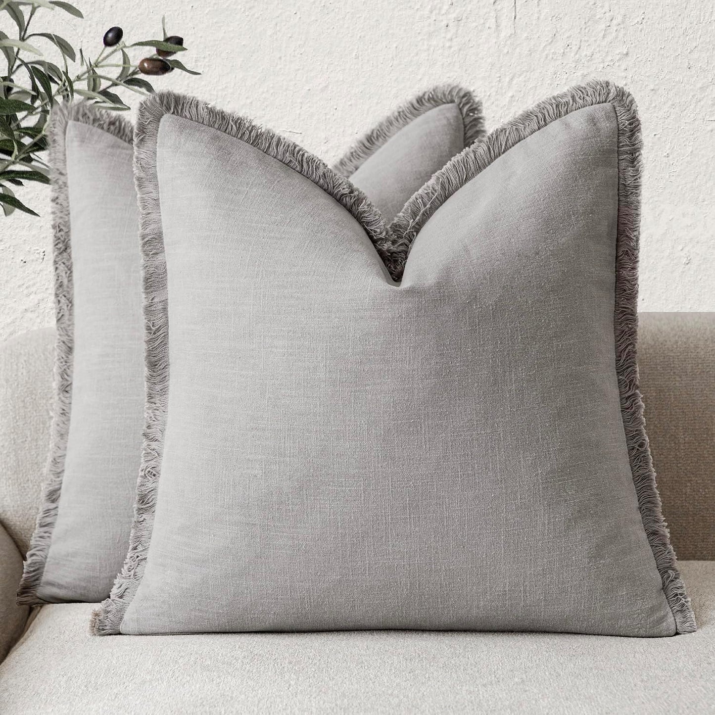 Foindtower Set of 2 Decorative Linen Fringe Throw Pillow Covers Cozy Farmhouse Cushion Cover with Tassels Accent Pillowcase for Couch Chair Sofa Bed Living Room Home Decor,18×18 Inch,Light Rustic Gray