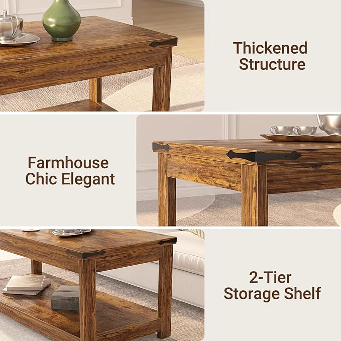 Homieasy Coffee Table with Storage Shelf, 43.3” Farmhouse Wood Coffee Tables for Living Room, Modern Center Tea Table, Rustic Brown