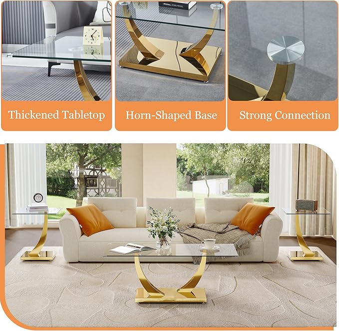 Modern Glass 3 Piece Living Room Table Set, Coffee Table Set with 1 Coffee Table and 2 End Tables, Tempered Glass Top and Gold Horn-Shaped Stainless Steel Base for Living Room, Office