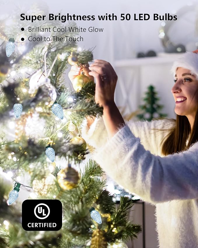 C7 LED Christmas String Lights, 25.16FT 50 LED Connectable Outdoor Indoor Decorative Light Strand, Cool White Xmas Holiday Lights for House, Christmas Tree, Patio, Party Decoration, UL Listed