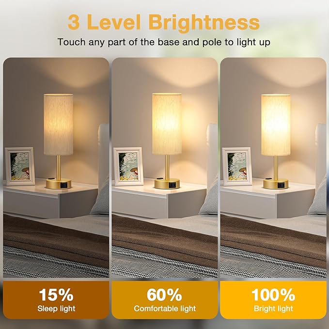 Gold Touch Table Lamps Set - 3 Way Dimmable Bedroom Lamps with USB C and A Ports, Small Lamps for Nightstand with AC Outlet, Gold Base Round Flaxen Shade for Desk, Office, Dorm, Nursery