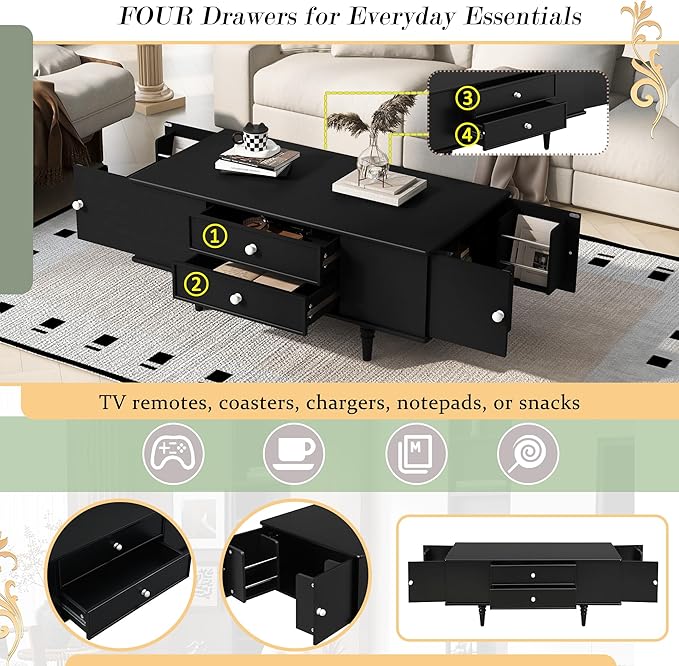 Modern Wooden Coffee Table with Hidden Storage Cabinets and Drawers, 47.2-Inch Rectangular Center Cocktail Table with Solid Wood Legs for Living Room, Black