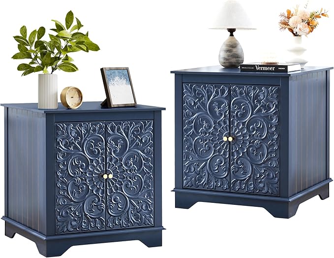 End Table Set of 2, 24" Farmhouse Nightstand with Carved Floral Door & Adjustable Shelf, Square Wooden Sofa Side Table with Storage for Living Room Bedroom (Midnight Blue)