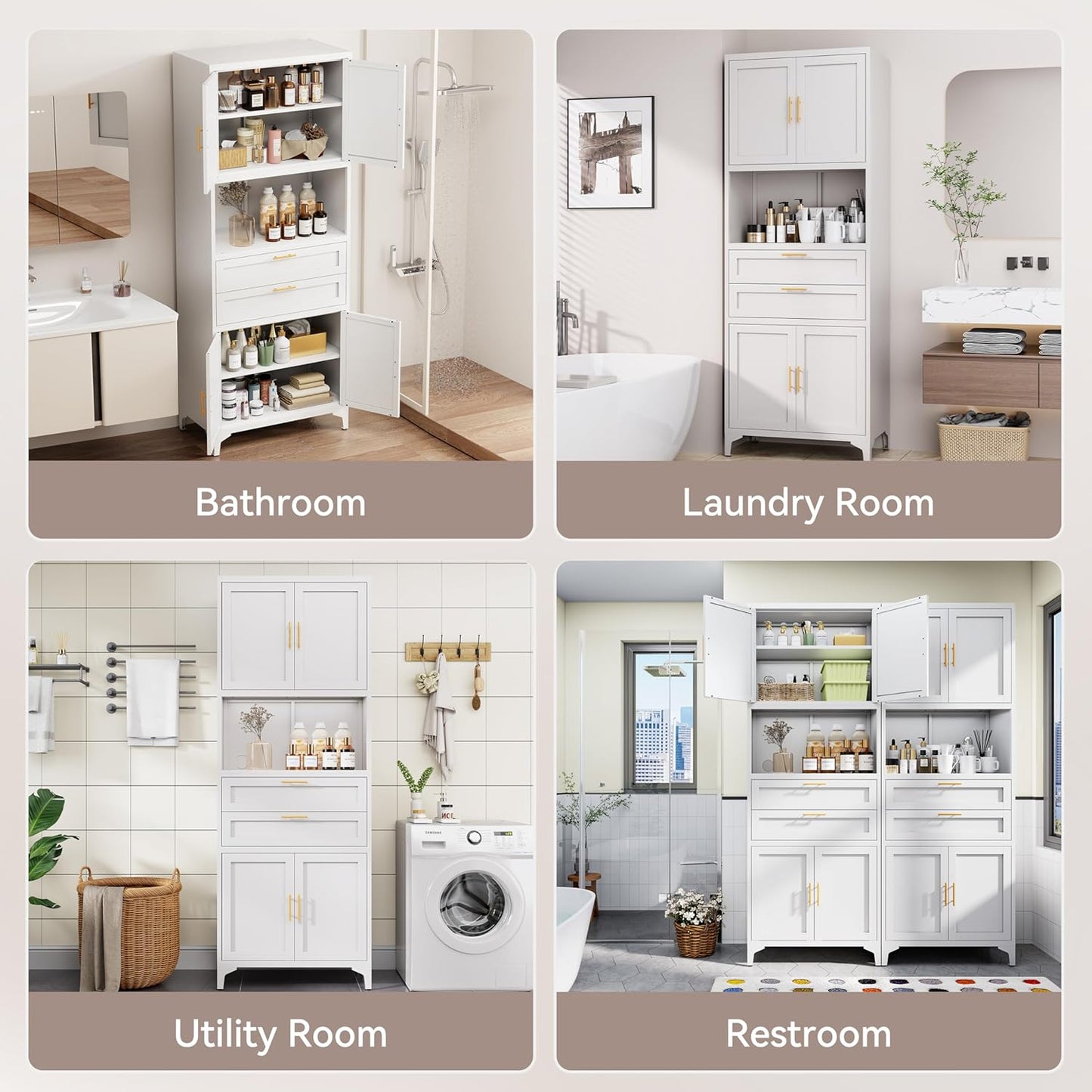 75” Tall Kitchen Pantry Storage Cabinet, Metal Bathroom Storage Cabinet with 2 Drawers and Adjustable Shelves, Kitchen Pantry Cupboard, Freestanding Cupboard for Bathroom, Living Room (White)