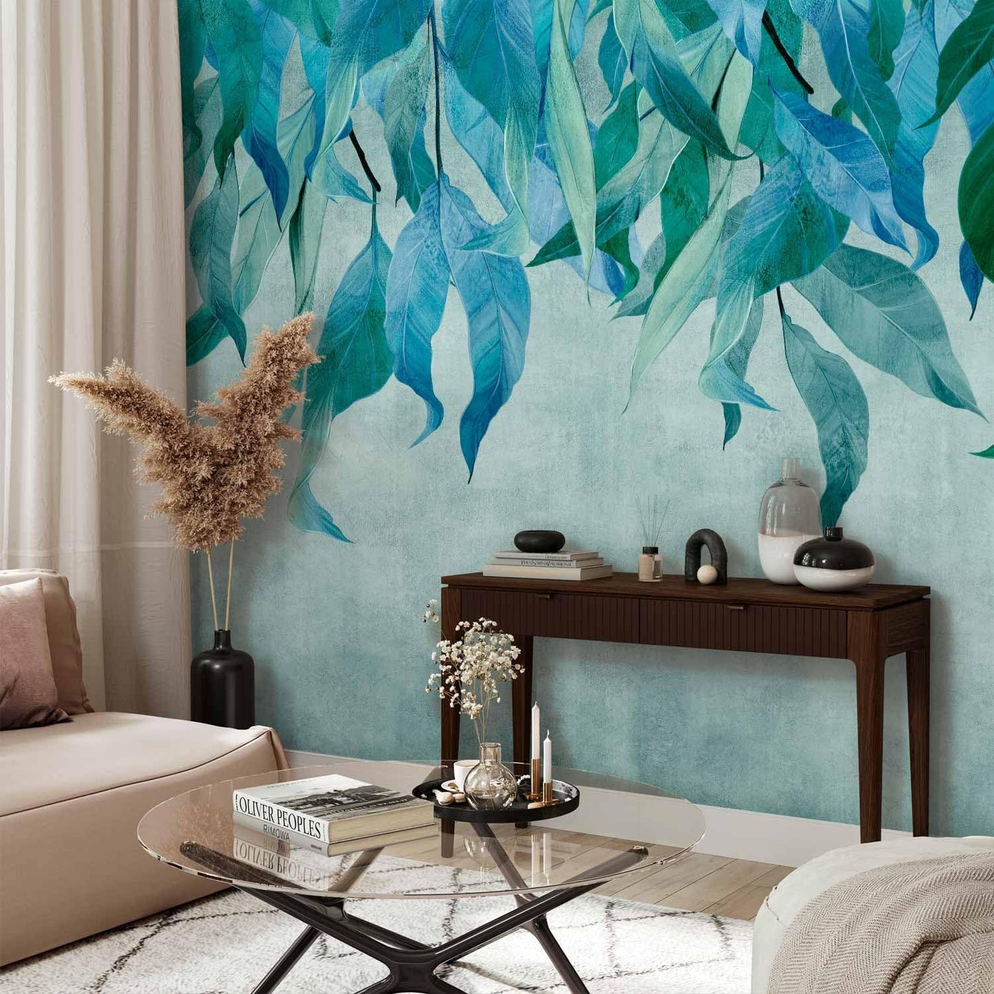 artgeist Premium Wall Mural Hanging Leaves 138x101 in - Non-Woven Wallpaper Fleece Wall Decor Photo Print Picture Image Design Nature Botanical Concrete Green Blue b-C-10146-a-b