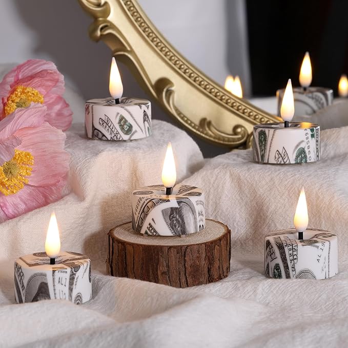 Eywamage Flameless Tealights with Remote Batteries, Dollar Pattern Flickering LED Tea Votive Candles Set of 12