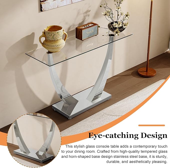 47" Glass Console Table, Modern Rectangular Sofa Table with Tempered Glass Top and Silver Horn-Shaped Stainless Steel Base for Living Room, Entryway, Hallway