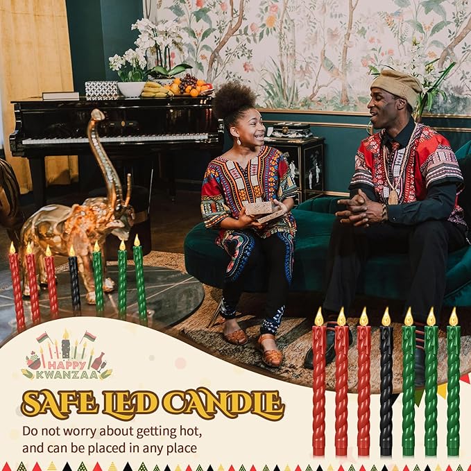 Riakrum 7 Pieces Kwanzaa Candles Set Kwanzaa Flameless Taper Candles Battery Operated for Church Celebration Decoration (9.65 Inches,Thread Style)