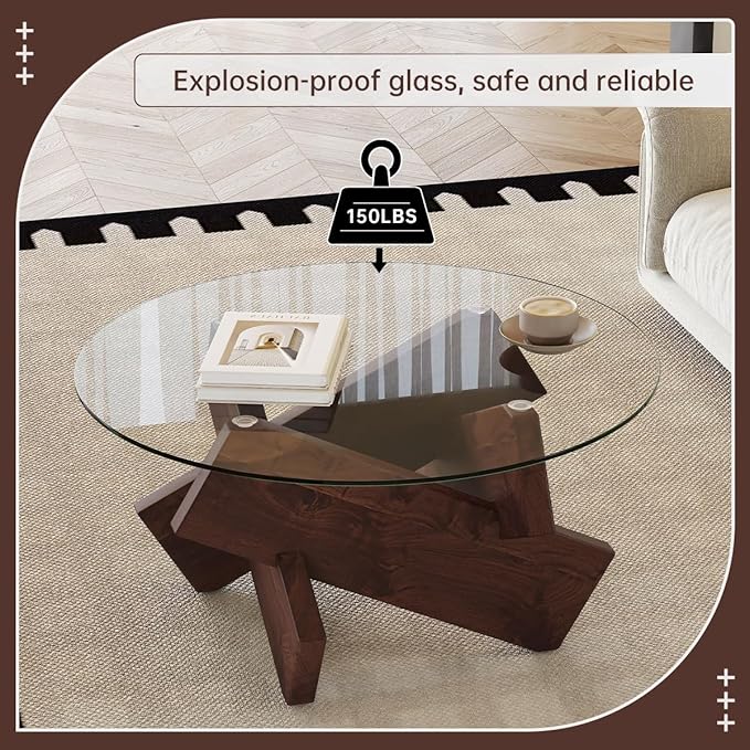 Walnut Round Glass Coffee Table,33-Inch Coffee Tables for Living Room Clear Circle Accent Table Adapts to Farmhouse and Contemporary Decor