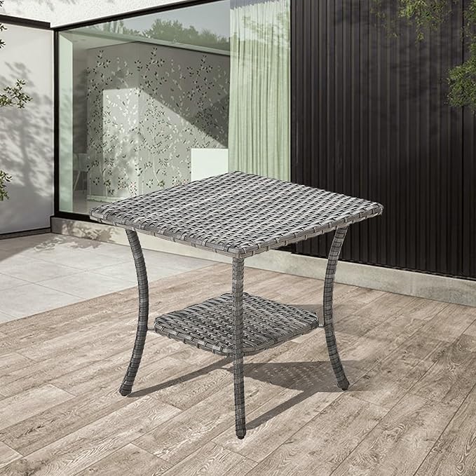 Rilyson Patio Tables Outdoor Coffee Table - Wicker Rattan Side Tables with 2-Tier Storage Shelf End Table for Porch Deck Balcony Garden Outside Square Mixed Grey