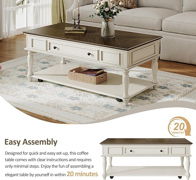 Polibi Coffee Table with Large Storage Drawer, Retro Movable Rectangular Cocktail Table with 4 Caster Wheels for Livingroom, Easy Assembly (Grey+White)