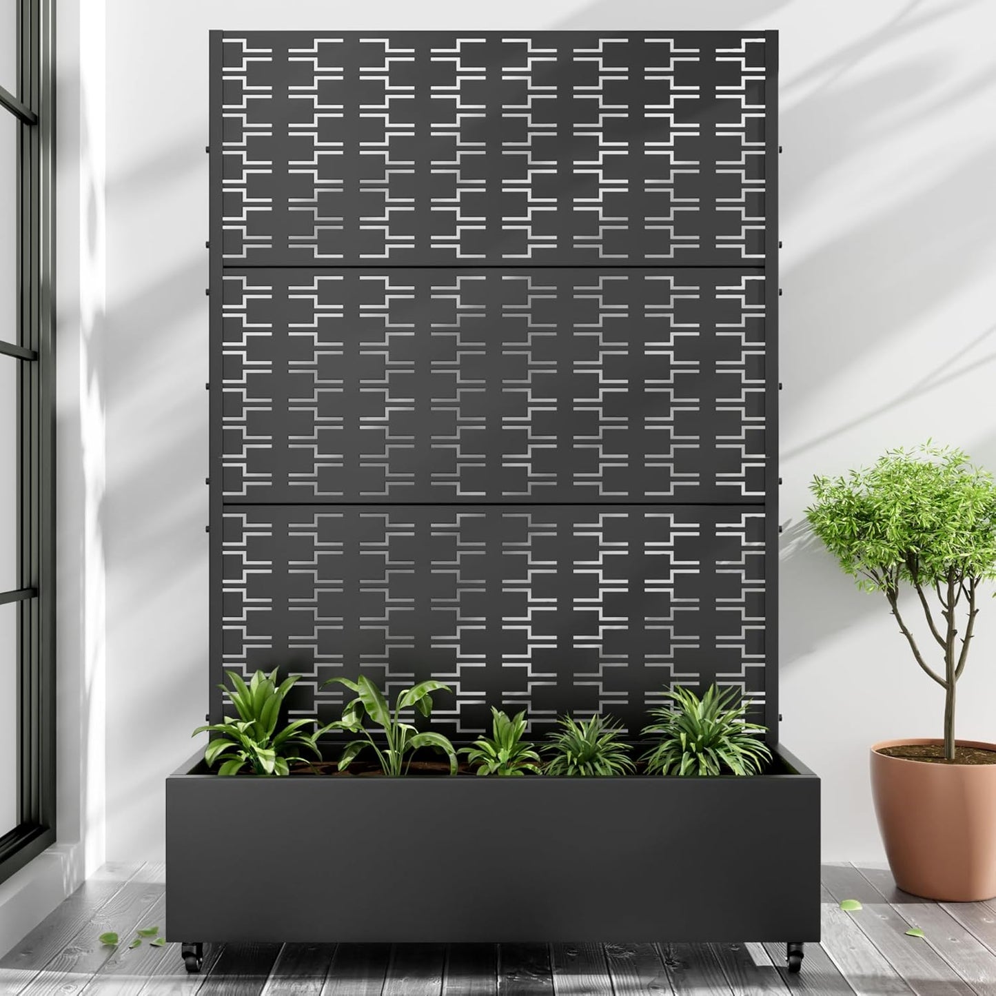 Casaphoria Metal Raised Garden Bed with Trellis and Wheels, 47"x47"x16" Planter Box for Climbing Plants, Vegetables & Vines, Features Drainage Holes and Privacy Screen, Black-Square