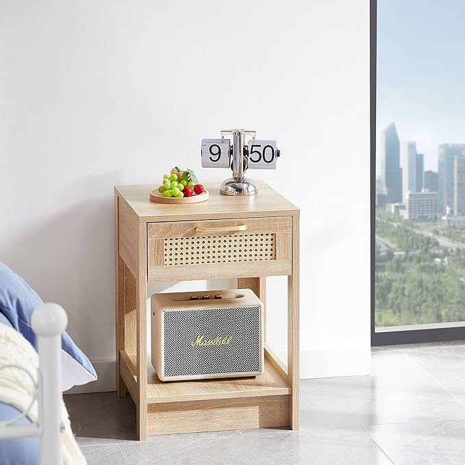Rattan Nightstand - Wooden Boho End Table with Storage Drawer and Opening Shelf, Bedside Tables Bed Side Table Accent Table for Living Room, Bedroom Small Space
