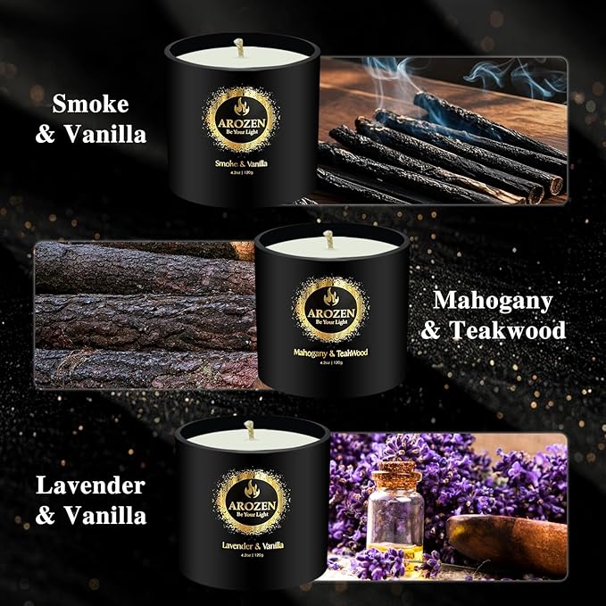 Christmas Candles, 3 Pack Scented Candle for Men, Soy Holiday Gifts Set, Aromatherapy Black Candles for Home Scented, Gifts for Men, Scent of Lavender, Mahogany Teakwood & Smoke Vanilla, 70H