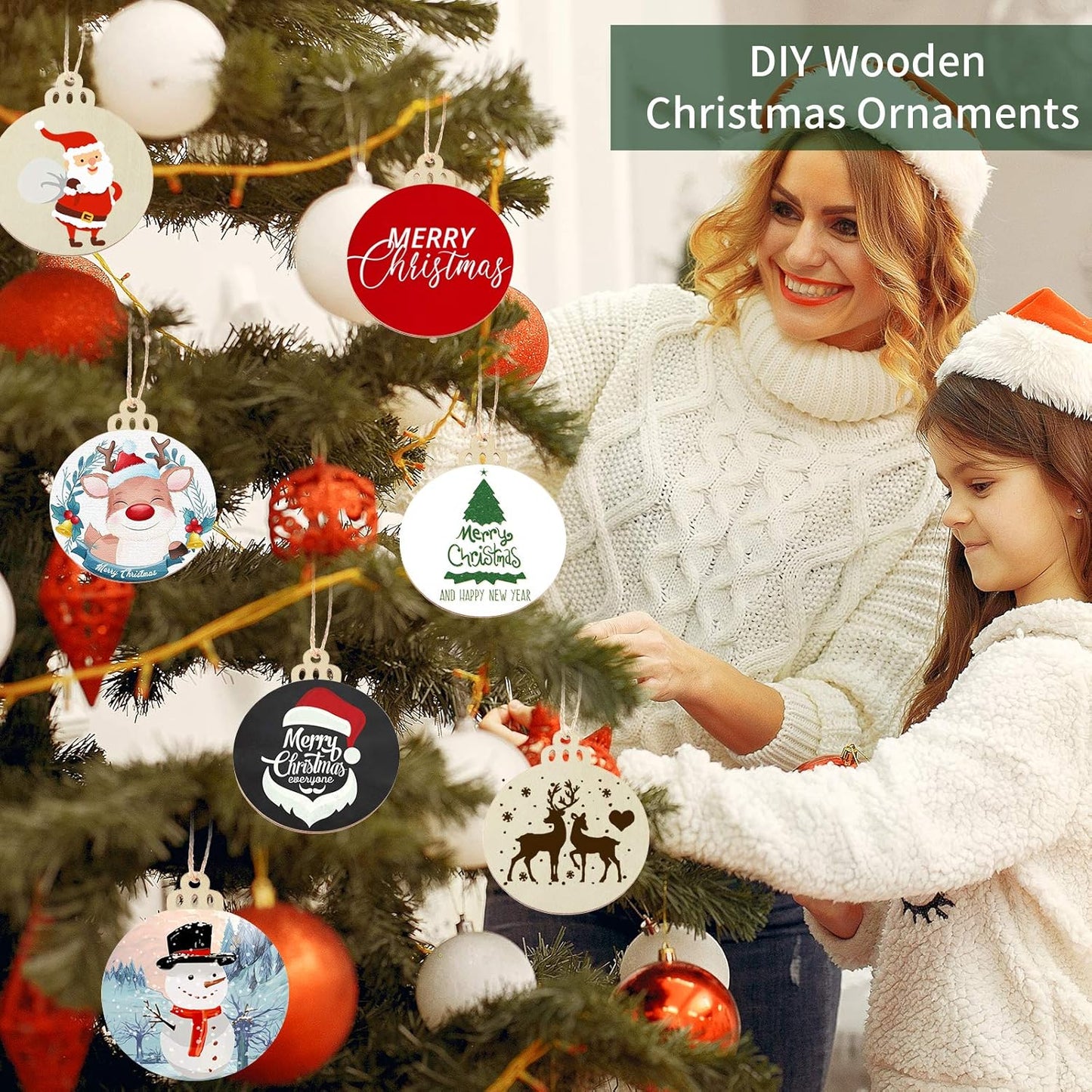 Fuyit 50PCS 4-Inch Wooden Christmas Ornaments, Unfinished Pre-Drilled Wood Slices Circles for DIY Crafts, Party Decorations & Holiday Ornaments