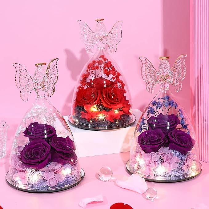 Christmas Rose Gifts for Women Preserved Real Flower in Glass Angel Figurines Roses for Delivery Prime Birthday Gifts for Mom Grandma Girlfriend Wife Her, Full Purple