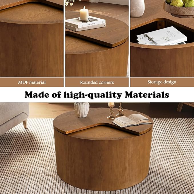 Round Coffee Table with Storage for Living Room 27.16" Small Brown Wood Tea Table Mid Century Modern Coffee Table Rustic Boho Coffee Table Circle Sofa Side Table for Small Space (Circle Brown)