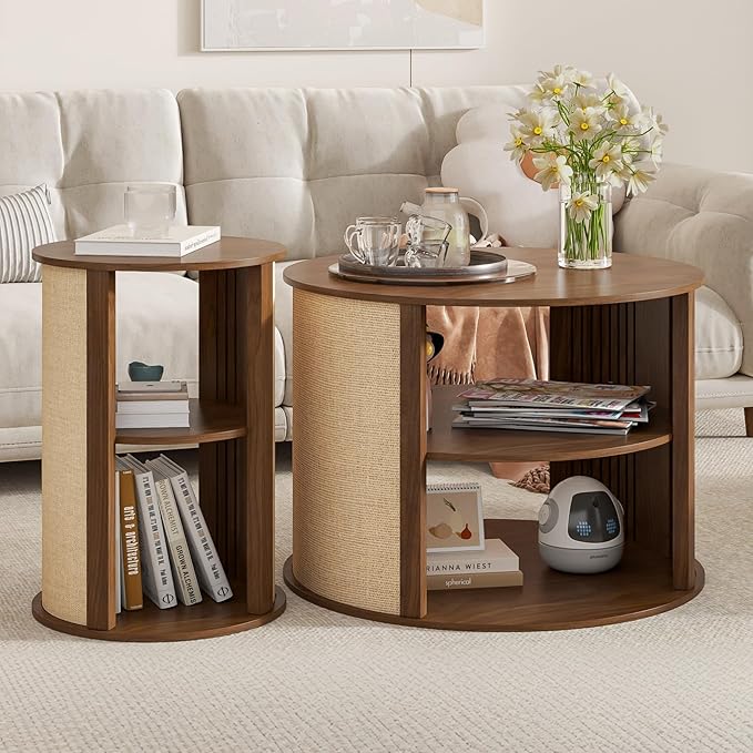 Round Coffee Table Set, 2-Tier Boho Mid Century Modern Wooden Center Coffee Table and End Table Sets of 2 with Adjustable Shelf, Sackcloth Finish, Farmhouse, for Living Room, 27.5 Inches, Walnut