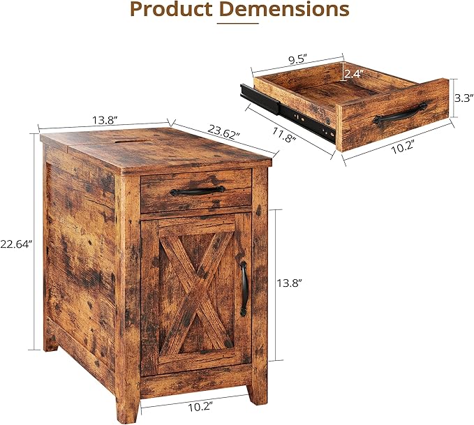 IRONCK End Table with Charging Station, Narrow Side Table for Living Room, Farmhouse Night Stand for Bedroom, Beside Table with Storage and Drawer for Home, Vintage Brown