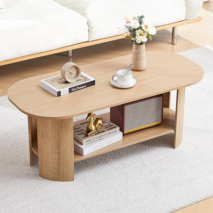 43.3” Oval Coffee Table for Living Room, Wood Farmhouse Coffee Tables with Storage, 2-Tier Center Table with Storage Shelf Low Tea Table for Small Space, Home, Office, Easy Assembly (Natural)