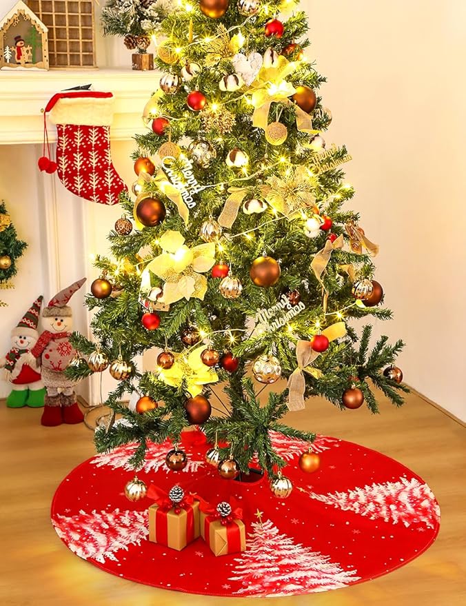 Christmas Tree Skirt 48 Inch, Red Christmas Tree Skirt with Christmas Tree Design, Thick Flannel Fabric, Rustic Farmhouse Xmas Tree Skirt for Holiday Decorations, Indoor Christmas Party