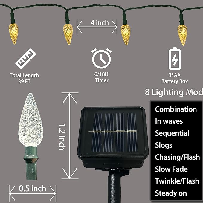 Anycosy Christmas String Lights C3, 100 LEDs Strawberry Solar Operated Strings Lights Warm White 8 Modes & Timer for Xmas Tree Garden Patio Outdoor Christmas Decorations (C3-100LED-Solar-Warm White)