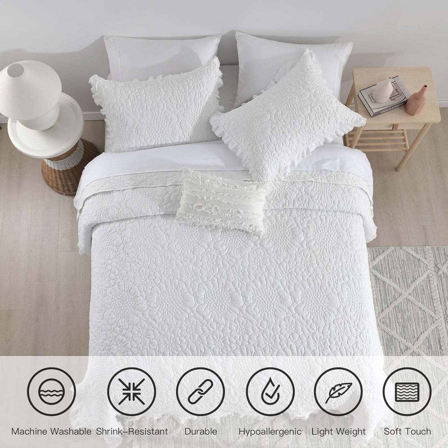 HORIMOTE HOME White Ruffled Quilt Twin Size, Stone-Washed Microfiber Lightweight Crinkled Farmhouse Rustic Shabby Chic Bedding Set, 2 Pieces Reversible Bedspread with Pillow Sham for All Season