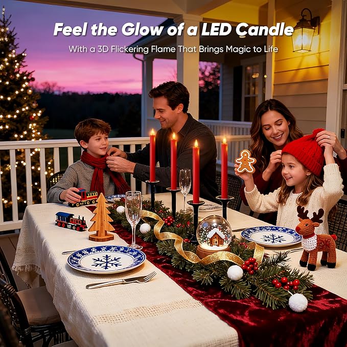 Homemory 2 Pcs Real Wax Made Red Flameless Taper Candles with Remote and Timer, 9.6" Battery Operated Candle Stick Flickering, Led Taper Candles with Lifelike Flame for Xmas Home Decor