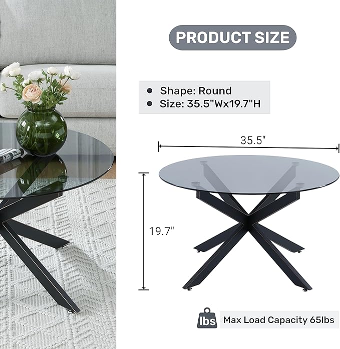 Black & Round Glass Coffee Tables for Living Room, Home Office, Modern & Simple Center Table with Gray Tempered Glass Top, 35.5" Wx19.7 H