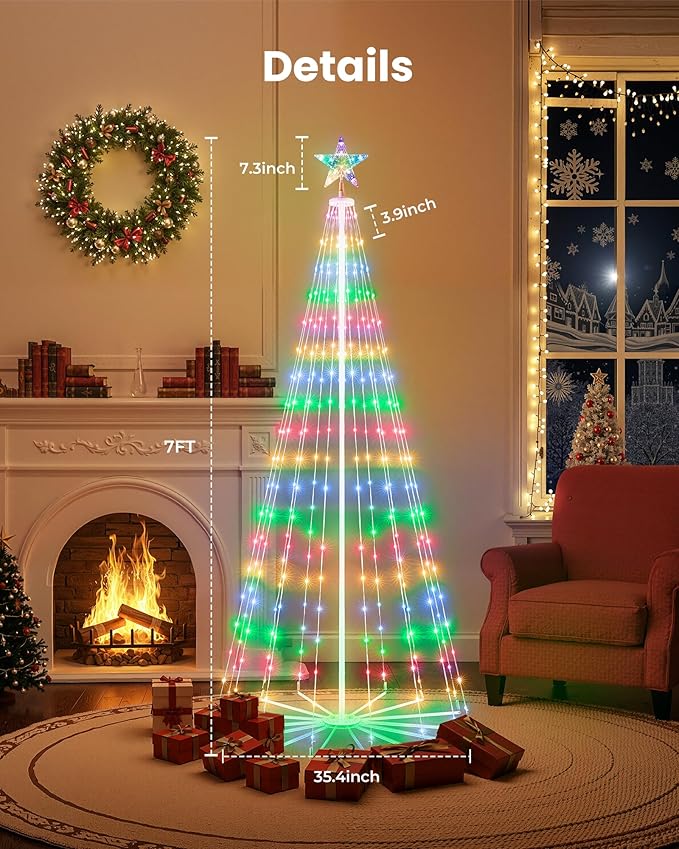 Christmas Cone Tree Light, 7ft 295 LED Light Show Christmas Tree with 8 Modes Timer Remote, Dimmable Artificial Christmas Tree for Porch Yard Patio Indoor Outdoor Xmas Holiday Decor, Multicolor