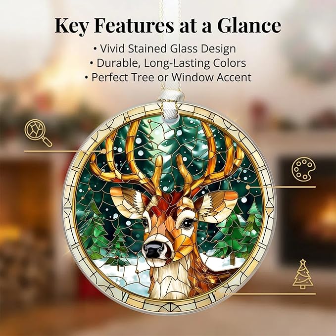 Deer Christmas Ornaments 2025, Stained Glass Christmas Tree Decorations, Exchange for Women, Men, Collectible Dated Year Ornaments for Tree - Glass Hanging Ornament