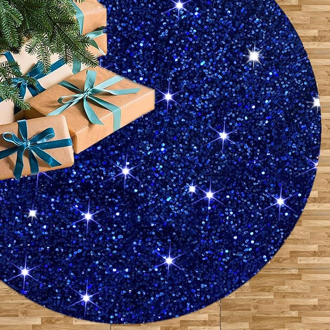 46 Inch Sequin Tree Skirt Christmas Royal Blue Velvet Tree Mat Xmas Tree Cover for Christmas Tree Decorations Rustic Fall Tree Dress Skirt Halloween Thanksgiving Ornaments