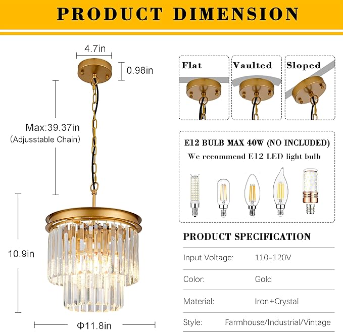 3-Pack Crystal Pendant Lights 11.8" Modern Crystal Chandelier 3-Light 2-Tier Luxury Gold Round Hanging Lighting Fixture for Dinning Room Bedroom Living Room Foyer Kitchen Island