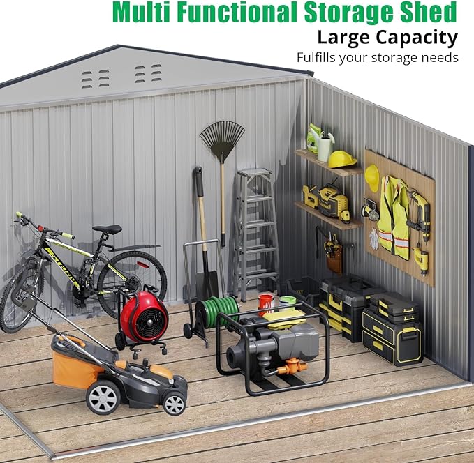 10X10 Ft Outdoor Metal Storage Shed with Roof, Weatherproof Steel Tool Shed with Lockable Door for Lawn Mower, Bike & Garden Equipment Storage