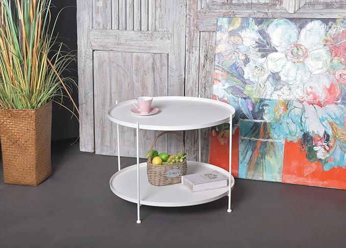 Modern Metal Table,Round Coffee Table with Storage Indoor/Outdoor, Coffee Tables for Living Room (White, 2-Tier 27.6")
