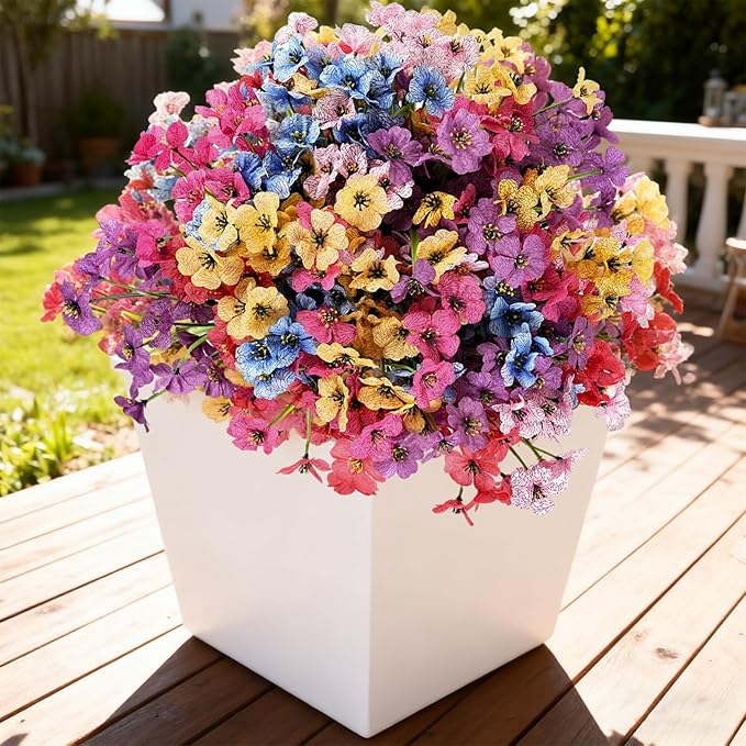 Artificial Flowers for Outdoor Faux Plants for Spring Summer Decoration, UV Resistant Realistic Silk Plastic Fake Flowers Garden Porch Patio Balcony Yard Front Home Decor, 24 Bundles