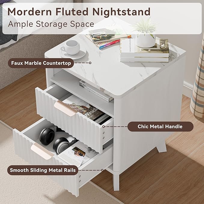 White Nightstand with 2 Drawers, 18" Modern Night Stand with Faux Marble Top, Open Storage Shelf, Fluted Bedside Table for Bedroom, End Table Side Table