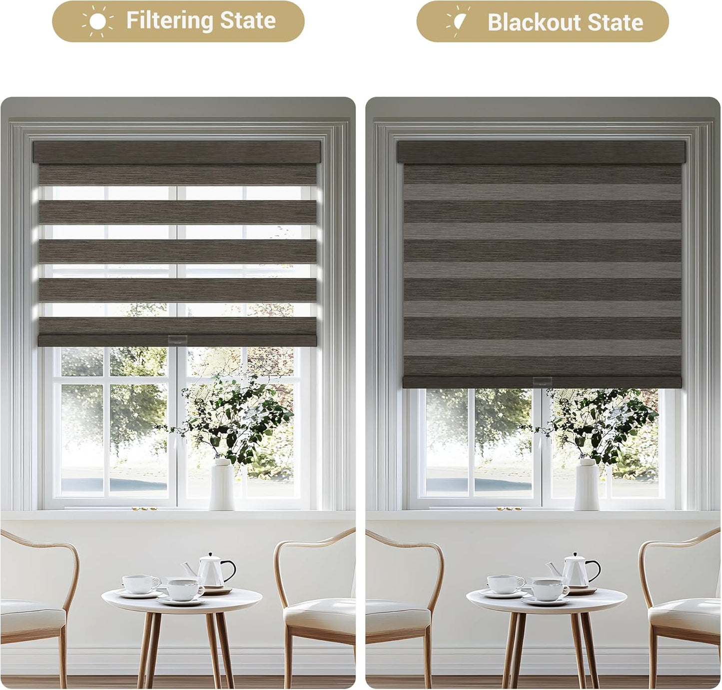 Cordless Zebra Blinds for Windows, Blackout Interior Blinds,Easy to Install,UV Protection,for Offices and Home,Custom Roller Shades, Mousse Dark Bown,44" W x 36" H