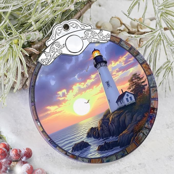 Christmas Decorations Ornaments, Stained Glass Ornament, Christmas Tree Ornaments, 2025 Gift Ornament, Xmas Gift for Friend Family Coworker - Lighthouse at Dusk