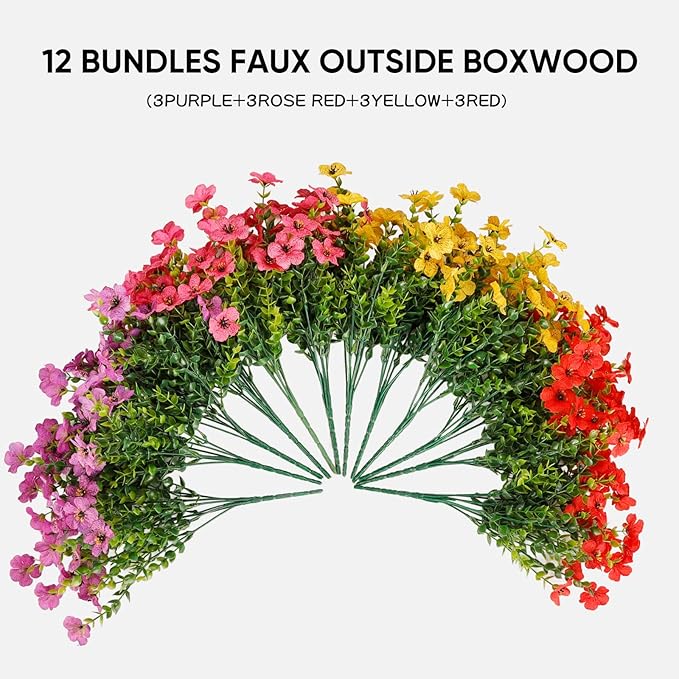 Artificial Flowers for Outdoor,12 Bundles Silk Fake Flowers,UV Resistant Realistic Plastic Faux Plants,No Fade Colorful Daisy for Porch,Patio,Garden,Window Box (4 Multicolor)