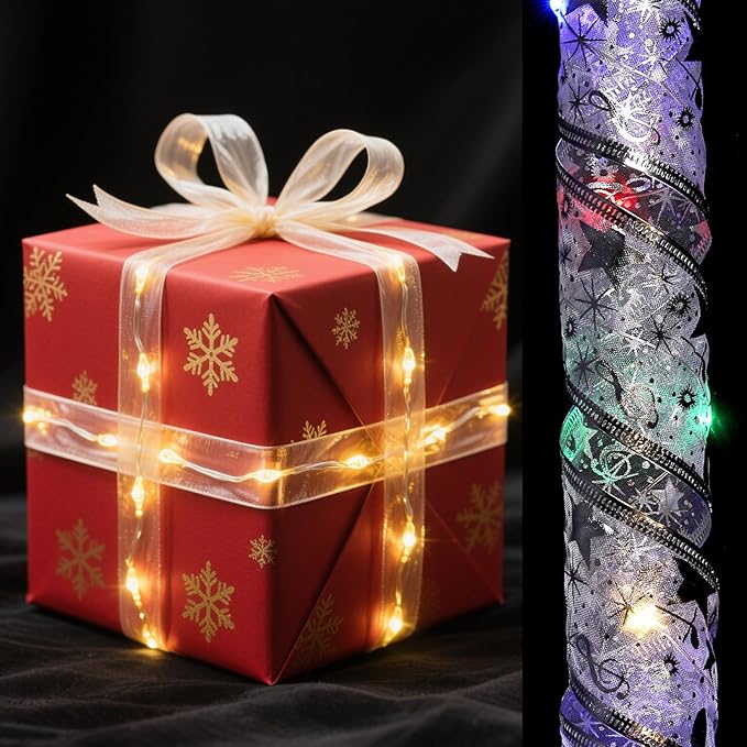 uxcell LED Lights Copper Wire Ribbon, 9.84Ft 30 Battery Powered Christmas Tree Decorations String for Party Weddings Christmas Tree (Silver, Multicolor Light)