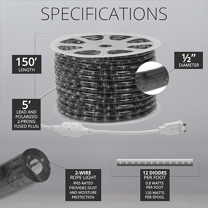 Wintergreen Lighting 150ft 1800 LED Heavy Duty Rope Light Spool, 120V ETL Indoor Rope Lights Plugin Outdoor Tube Lights ½ Inch, Accessories and Mounting Clips Included, Multicolor