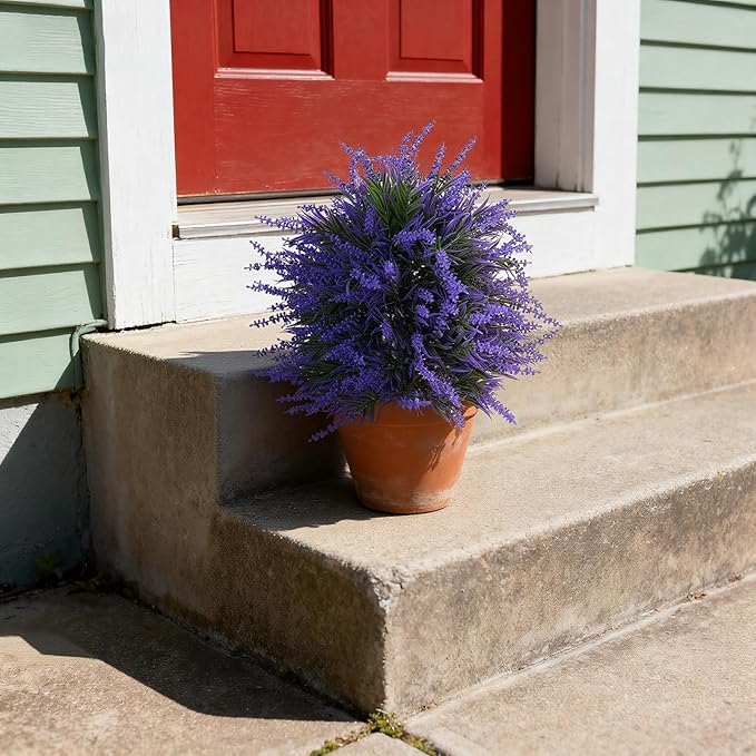 2Pcs 19.68" Artificial Boxwood Topiary Ball with Flowers Plants with Ground Spikes for Outdoor UV Resistant Realistic Fake Bushes Plants for Garden Yard Front Porch Patio Decor (Lavender)