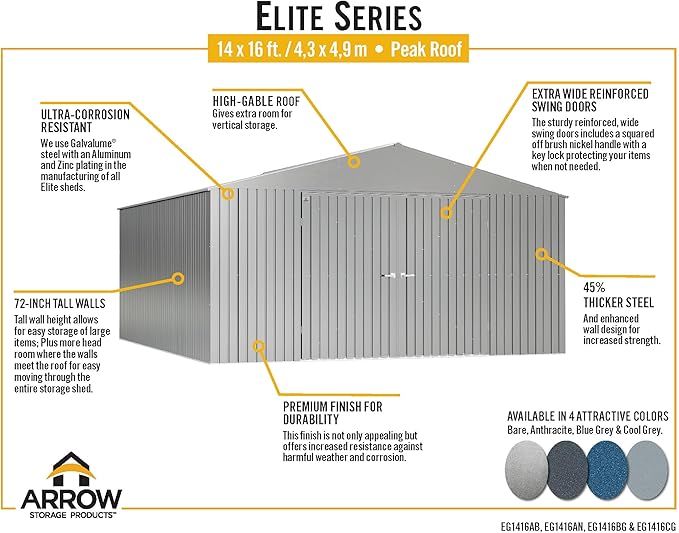 Arrow Shed Elite 14' x 16' Tall Outdoor Steel Storage Shed with High Gable and Lockable Doors Storage Building, Cool Grey