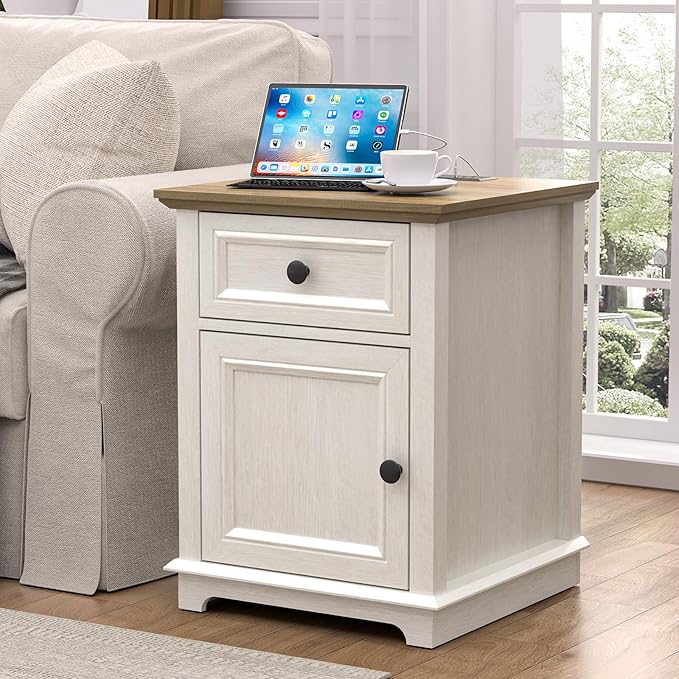 End Table with Fast-Charge Set of 2, Side Table with Drawer Storage and Adjustable Shelf, Charging Nightstand Set of 2, Wooden Side Table for Living Room/Bedroom/Office, White
