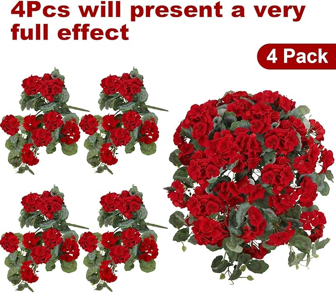 Artificial Geranium Flowers for Outdoors – 4 Bundles of Red Silk Flowers with Hanging Vines, Fake Christmas Plants for Front Door Garden Porch Planter Patio Balcony Yard Indoor Home