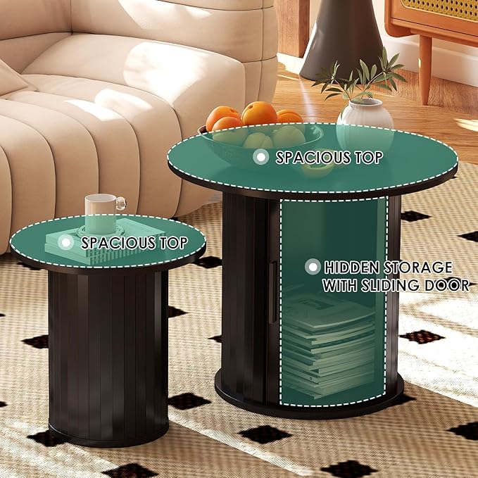 COSVALVE Nesting Coffee Table Set of 2 with Hidden Storage & Sliding Door, Circle Wood Coffee Table, Farmhouse Side & End Table Sets for Living Room, Small Spaces, Black