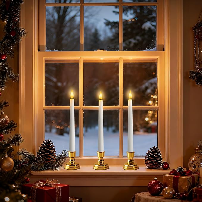 6 Pcs Window Candles with Gold Holders, Flameless Taper Candles with Remote and Timer, White LED Christmas Candle for Home Window Holiday Xmas Decor