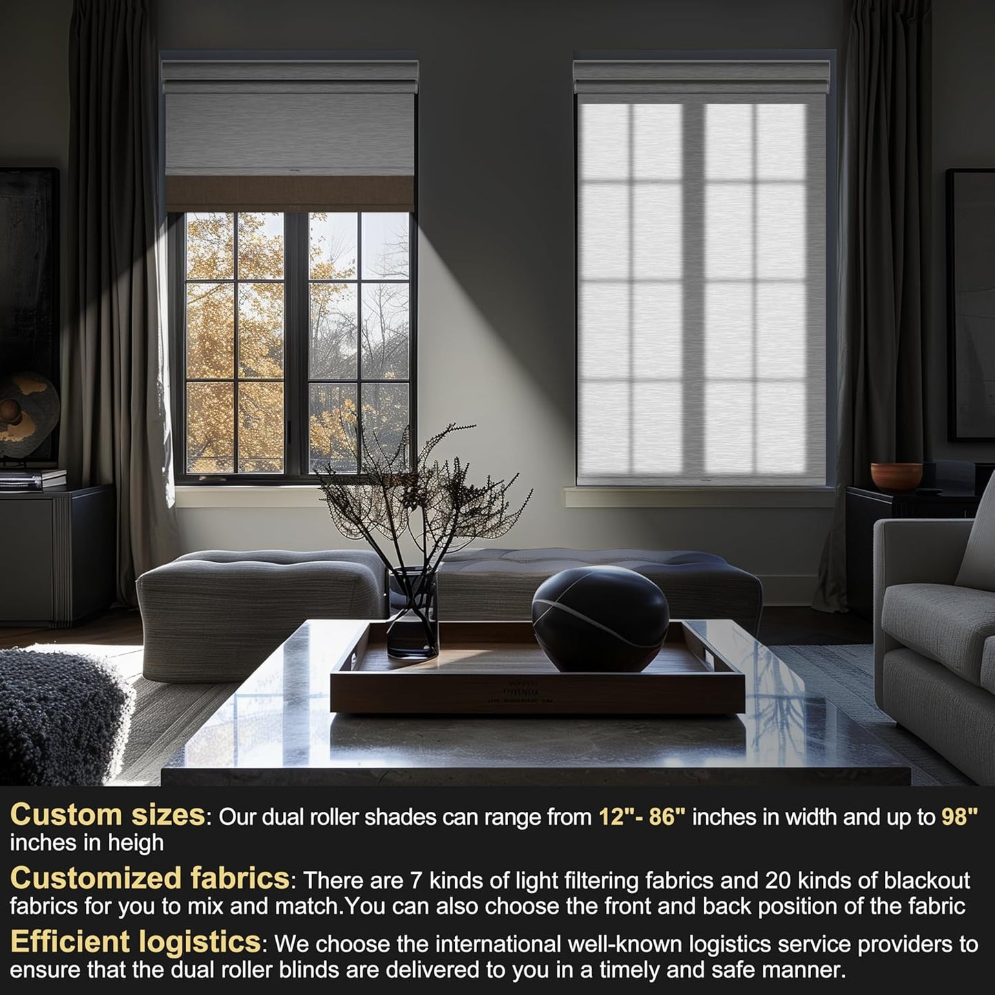 BERISSA Cordless Dual Roller Shades With Cassette Valance, Double Window Blackout and Light Filtering, Day and Night for Home Office - Brown Linen & White, Custom Sizes